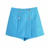 Aelegantmis escritório senhora de cintura alta shorts saia botão sólido coreano chique mulheres azul moda casual calça curta 210607