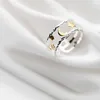 Стерлингового серебра 925 Стерлингового Серебра Золотой Цвет Звездный Луна Ударное Кольцо для Женщин Мода Двойной Круг Изящных Ювелирных Изделий Подарок 210707
