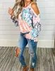 Sexy Off Shoulder Tie Dye Print T-shirts Women Fashion Casual Sling O Neck Lantern Long Sleeve Loose Tee Tops Autumn Female Tops 210507