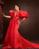 Seksi Arapça ASO Ebi Kırmızı Mermaid Akşam Örgün Elbiseler İnciler Boncuklu Kısa Kollu 2021 Balo Parti Elbise İkinci Resepsiyon Abiye Özel Durum Giyim