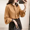 Grote maat herfst mode effen kleur losse lange lantaarn mouw chiffon shirt dames casual ropa de mujer blouse tops p396 210527