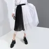 التنانير البسيطة تصميم عالي الخصر شبكية مطوية الأزياء الأزياء الكورية على الطراز الكوري بلوك أسود أبيض للسيدات السيدات ميدي الصيف