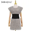 TWOTWINSTYLE Patchwork Lambswool Dress For Female O Neck Sleeveless High Waist Slim Mini Dresses Women Fashion Autumn 210517