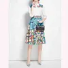 Frauen Umlegekragen Halbarm Hemd Tops Hohe Taille Geometrischer Blumendruck Rock Mode Zweiteiliges Set T3031 210514