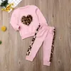 1-6y Leopard Kid meninas vestuário conjunto criança bebê crianças manga comprida coração camiseta top + calças roupas trajes tracksuit 210515