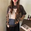 H.SA 2021 Kvinnor Vintage Leopard Pullover och tröjor Vinter Patchwork Brown Knit Jumpers Löst stil Korean Slim Pull Jumpers