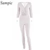 Sampi Shoulder Pads Skinny Black Sexy Jumpsuit Toppar Kvinnor Övergripande 2021 V Neck Party Club Wrap Rompers och Kvinnliga Kvinnors Jumpsuits