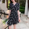 PERHAPS U Black V Neck Short Sleeve Mini Dress Floral Print Ruffle Summer Casual D1842 210529