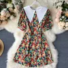 Floral Print Dress Women's Summer Fashion Sailor Collar Stitching Short Sleeve Elegant Vestidos L672 210527