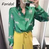 Animal Print Satin Blouse Shirts Women Green Zebra Office Ladies Tops Casual Button Up 210427