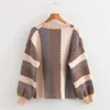 女性のセーター冬の暖かいニットルーズジャンパートップスファッションカラーブロックプルオーバーランタンスリーブストライプセーター210914