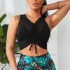 Kvinnor Sommar Sportskjorta Drawstring Ruched Crop Top V Nacke Ärmlös T-shirt Pläterad Sheer Mesh Vest för Yoga Fitness Workout Outfit