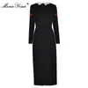Sommar Mode Runway Elegant Party Dress Kvinnor Långärmad Blommor Broderad Slim Black Mid-Length Pencil 210524