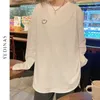 Yedinas笑顔の顔ホワイトTシャツの女性原宿の長袖TシャツOネック韓国風女性の固体緩いティー210527