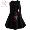 4XL Plus Size Dames Borduurwerk Vintage Jurk Kant Zwart Elegante Bodycon Party Jurken Lange Mouw Casual Herfst Winter Vestidos 210319