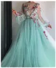 Lange mouwen 2021 Dress Party Robe de soiree formele prom -jurken plungen 3D -bloemen kralen top avondjurken es