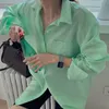 Lente dames tops revers single-breasted losse casual lange mouwen shirt vrouwen eenvoudige plus size groene blouse 210510