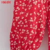 Tangada Moda Kobiety Red Flowers Print A-Line Dress Vintage Długie Rękaw Office Damska Sukienka Midi 8Y67 210915