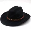 Chapeau à large bord occidental en laine pour hommes et femmes pour Gentleman Lady Jazz Cowgirl avec des casquettes en cuir Cloche Church Sombrero