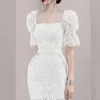 DEAT Women White Patchwork Hollow Out Lace High Dress New Square Neck Short Puff Sleeve Slim Fit Fashion Tide Summer 7E0048 210428