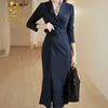 Autumn and winter Elegant Dress Women Office Formal Wear Business Work Fishtail Solid Color V Neck Long Sleeve 210506
