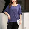 Fashion Ruffled Sleeve Tops Women Fat Solid Linen Wide Leg Pants Summer Large Size Loose Round Neck Mom Shirt 9967 210508