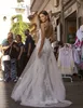 Berta Dentelle Robes De Mariée Sirène Sheer Col En V Robes De Mariée Avec Train Détachable Perlé Dos Nu Plage Tulle Robe De Novia