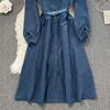 Casual Dresses YIZZHOY Spring Autumn Women Medium Long Waist Closing Slim Bubble Sleeve Lapel Single Breasted Corduroy Dress