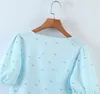 Sommar V-hals Vit Daisy Print Puff Sleeve Single-Breasted Kort Skjorta Skjorta Top Kvinnor Pastoral Style Casual 210508