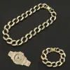 Chains 19MM 3pcs Kit Hip Hop Iced Out Paved Rhinestone Choker Miami Curb Cuban Rapper Necklace+Watch+Bracelet For Men Women Jewelry