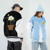 Hip-Hop Patchwork Baseball Jacket Mens Letter Daisy Blommor Patch Läder Bomber Jackor Kvinnor Höst Oversized Streetwear Coats