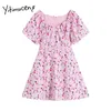 Yitimuceng Pink Floral Dresses For Women Summer Zipper Mini High Waist A-Line Short Sleeve Sundress Fashion Boho Dress 210601