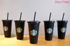 Starbucks Sirena Dea 24 once / 710 ml Bicchiere di plastica riutilizzabile Nero Bere fondo piatto Tazze a forma di pilastro Coperchio Tazze di paglia DHL libero