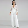 Långärmad Sexig Kvinnor Culotte Jumpsuit One Piece Elegant Party Evening Cocktail Bröllop Wide Ben Romper Lace Hollow Out White 210326