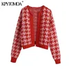 KPYTOMOA Women Fashion Houndstooth Crop Open Knit Cardigan Sweater Vintage O Neck Långärmad Kvinnlig Ytterkläder Chic Toppar 211011