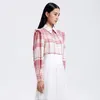 Vintage skjorta kvinna toppar sommar puff ärme kvinnor skjortor rosa plaid kändis designer casual office lady blouse shirt 210421