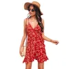 Women V-neck Spaghetti Strap floral Printed Ruched Cami Dress Bodycon Sexy Party sexy A-line loose pleated mini dresses 210524