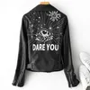 Printemps automne femmes Graffiti imprimer Pu Faux cuir veste avec ceinture Streetwear femme Moto Biker Rivet manteau Outwear 210430