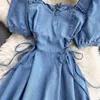 Summer Elegant Ladies Sash Tie Up Beach Dress Casual Women Square Collar Puff Sleeve Mini Denim 210430