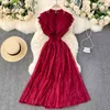 Neploe Elegant Ruffles Lace Mature Dress Women High Waist Hip A Line Long Slim Vestidos O Neck Sleeveless Candy Color Robe 210423