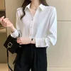 Femmes coréennes chemises en soie Blouses en Satin hauts à manches longues femme chemisier blanc haut à col en v grande taille 220307
