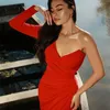 Frauen Sexy V-ausschnitt Langarm Elegante Designer Rot Baumwolle Kleid High Street Abend Promi Midi Party Vestido 210527