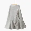 SURMIITRO Spring Summer Midi Plaid Skirt Women Korean Style Blue Ruffles High Waist Aesthetic Knee Length Skirt Female 210712