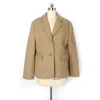 Kobiety Vintage Blazer Khaki Kieszonkowy Przycisk Faux Woolen Mieszanka z długim rękawem Collar C0306 210514