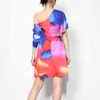 Casual Hit Color Ruffle Dress For Women Skew Collar Short Sleeve High Waist A Line Mini Dresses Female Summer Style 210520