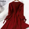 NEPLOE KOREAN Single Breasted Jurk Vrouw Effen Kleur All-match Gebreide Vestidos Lace Up O-hals Slanke Taille Slanke Jurken Dames 210422