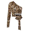 Sexy um ombro colhido tops oco leopard impressão de lace up t-shirts para mulheres fino moda outono inverno t-shirt 210518