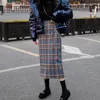 Werueruyu wełna plaid spódnica przycisku projekt Bodycon wysokiej talii jesień zima długi elegancki woolen dziewczyna 211119