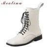 Meotina vrouwen enkellaarsjes schoenen echt leer lage hak vrouwelijke laarzen zip lace up vierkante teen chunky hakken korte laarzen herfst winter 210608