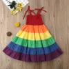 Novo Verão Bonito Criança Criança Bebê Meninas Vestido Arco-íris Impressão Listrada Ruffles A-Line Dress Sundress Outfit 2-7Y Q0716